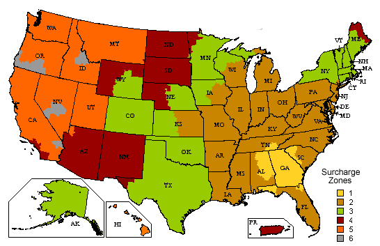 Shipping Zone Surcharge Map